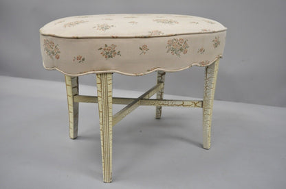 French Victorian Style White Distress Painted Accent Oval Vanity Bench Seat