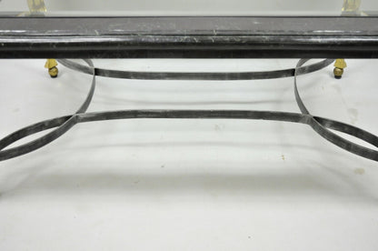 Italian Regency Style Brass Lion Marble Inlay Glass Top Steel Coffee Table