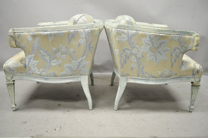 Vintage French Provincial Louis XVI Blue & Cream Painted Club Chairs - a Pair