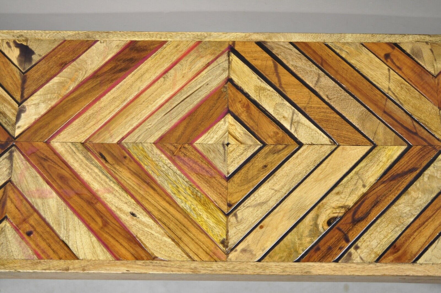 Modern Slatted Wood 48" Geometric Inlay Rustic Farmhouse Coffee Table Bench