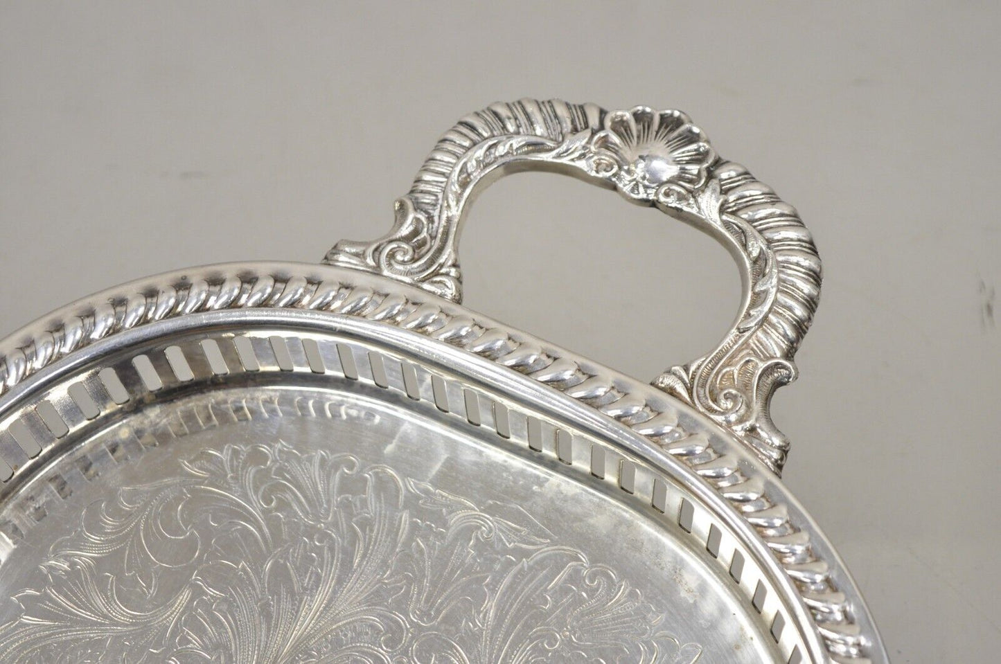 Vintage Regency Silver Plated Narrow Oval Serving Platter Tray with Gallery