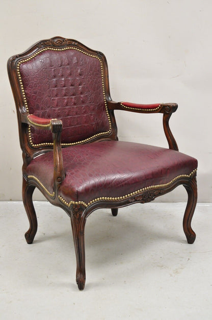 French Country Louis XV Style Burgundy Leather Faux Reptile Cowhide Armchair