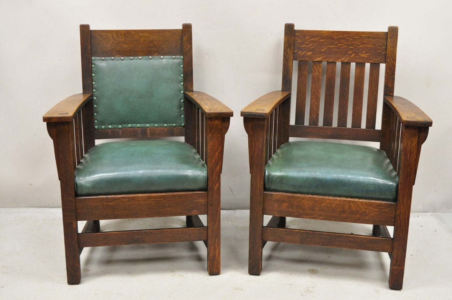 Mission Oak Arts & Crafts Stickley JM Young Style Lounge Arm Chairs Green - Pair