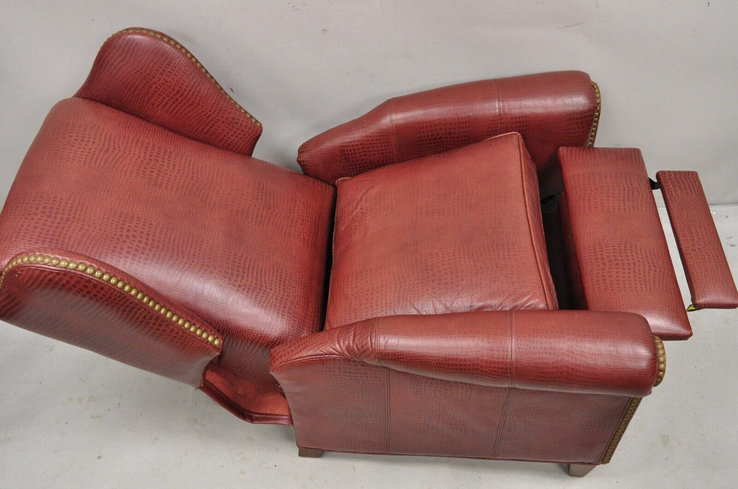 Ethan Allen Burgundy Red Croc Print Leather Upholstered Wingback Recliner Chair