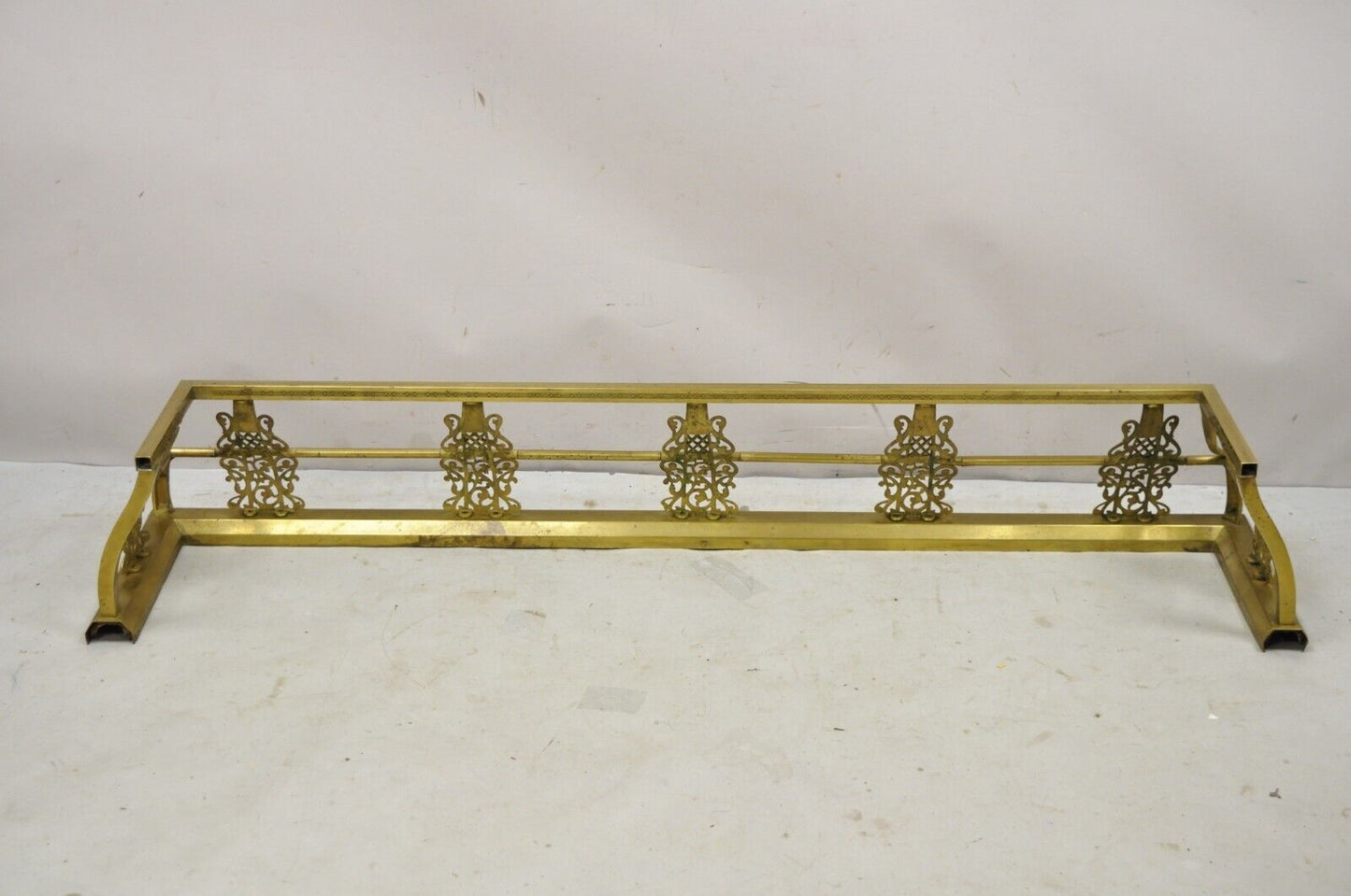 Antique 58" Victorian Brass Scroll Accented Fireplace Hearth Fender Surround