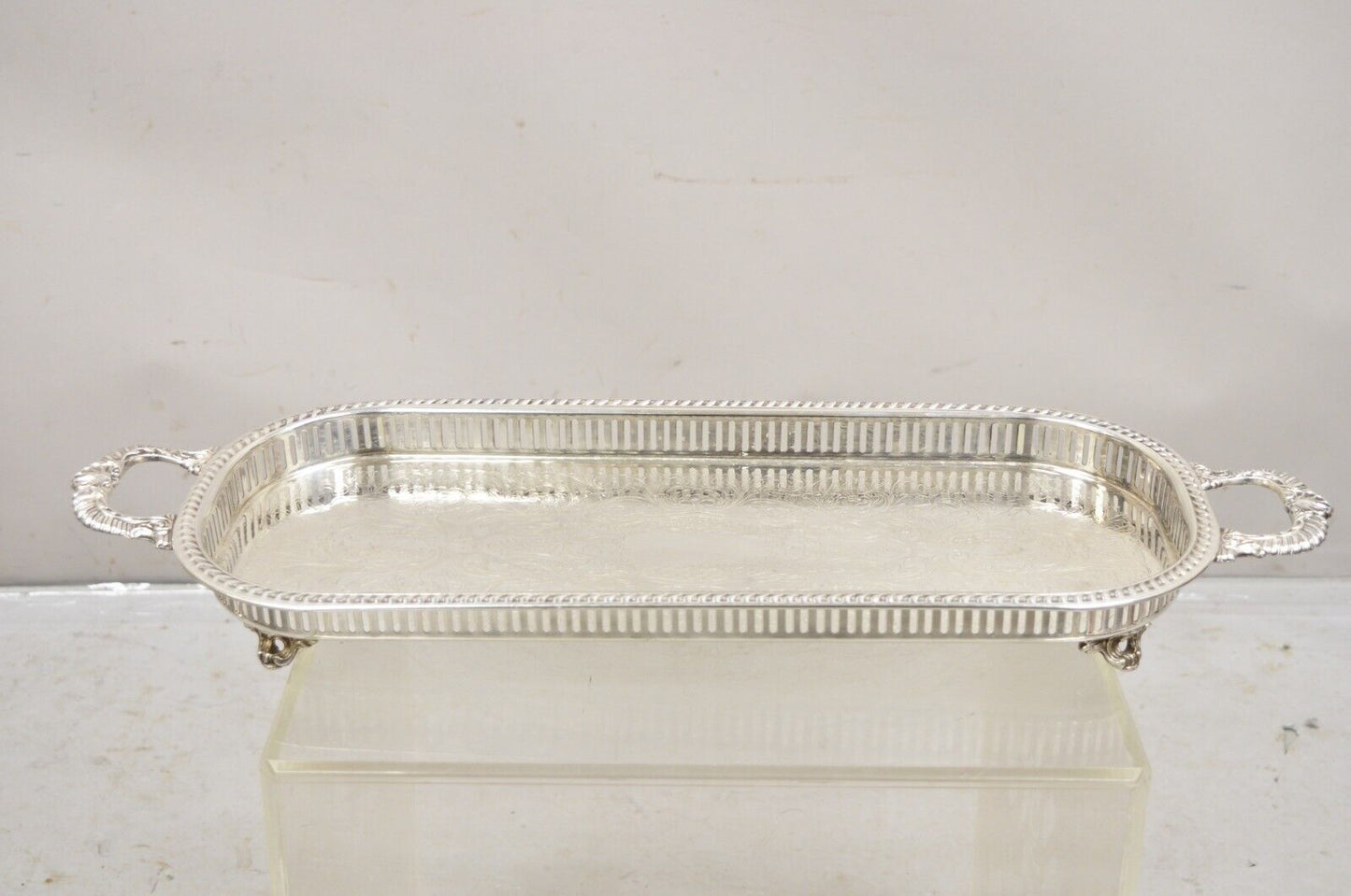 Vintage Regency Silver Plated Narrow Oval Serving Platter Tray with Gallery