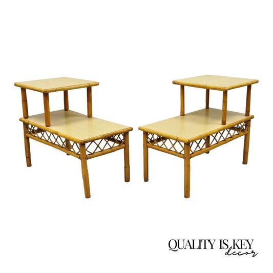 Vintage Tiki Rattan Mid Century Bamboo Step Up End Tables - a Pair