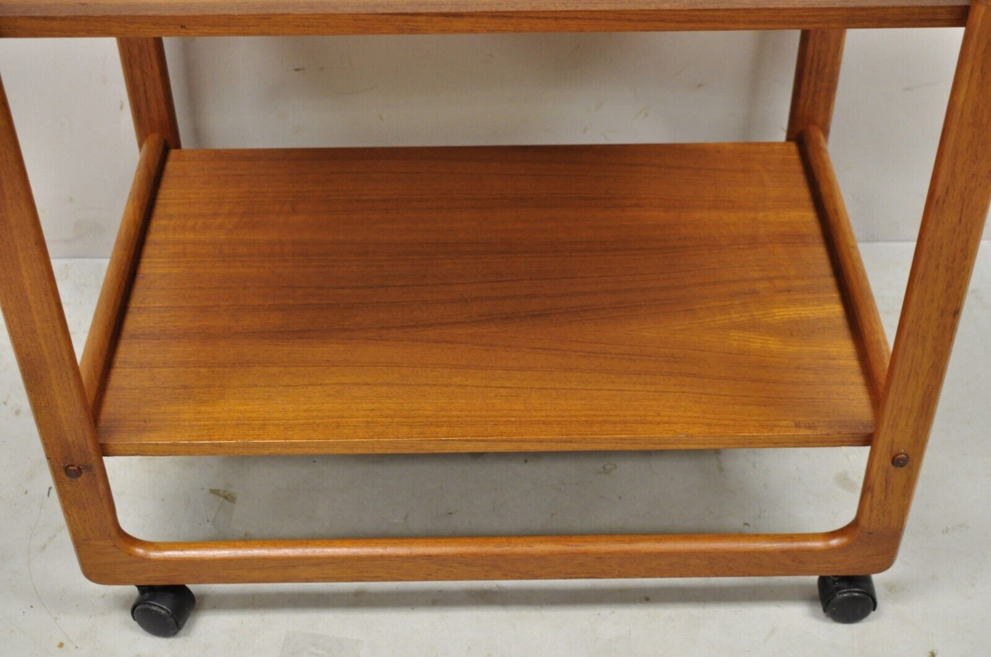 Vintage Mid Century Danish Modern Teak 2 Tier Rolling Bar Cart Server Table