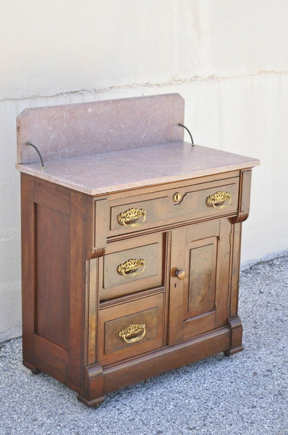 Antique Eastlake Victorian Walnut Washstand Commode with Marble Top Backsplash