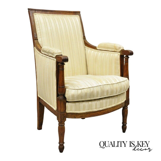 19th C. French Louis XVI Neoclassical Style Walnut Bergere Club Lounge Arm Chair