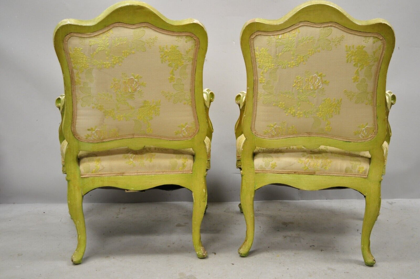 Italian Rococo Hollywood Regency Green Painted Fireside Lounge Arm Chairs - Pair