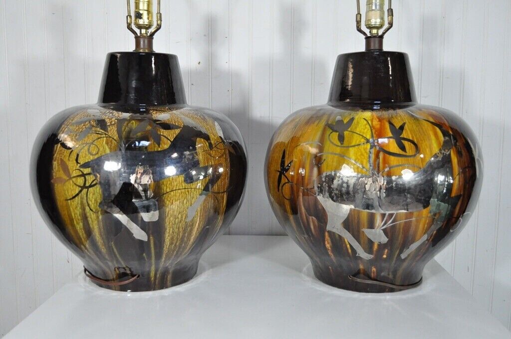 Pair Vintage Mid Century Modern Gazelle Ram Drip Glaze Pottery Table Lamps