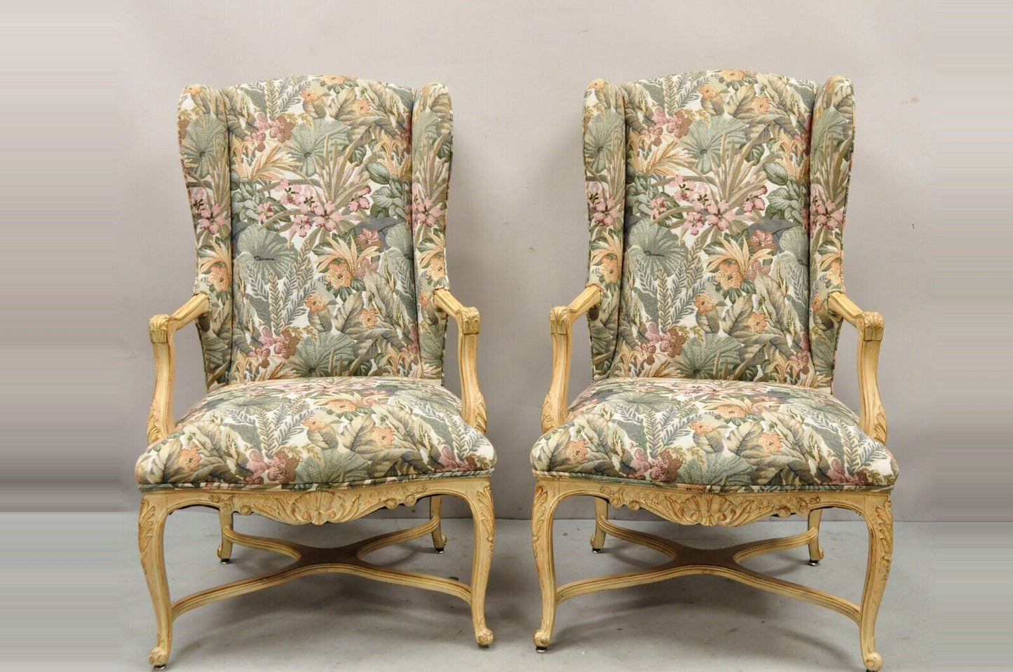 Pair French Provincial Country Louis XV Style Upholstered Wingback Lounge Chairs