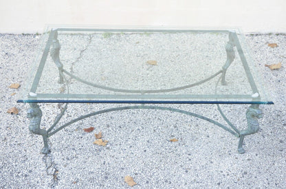 Vintage Regency Neoclassical Style Green Iron and Glass Lion Coffee Table