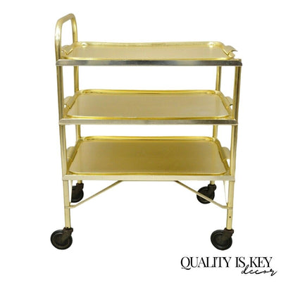 Mid Century Gold Aluminum Metal Folding Rolling Bar Cart Server with 3 Trays
