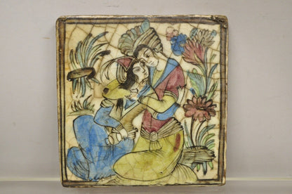 Antique Persian Iznik Qajar Style Square Beige Ceramic Pottery Tile Couple C5