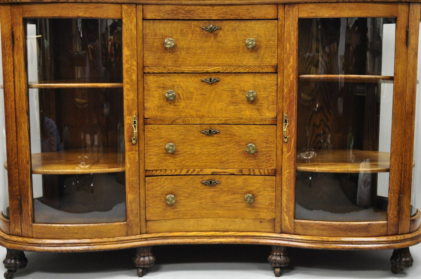 Antique Victorian Tiger Oak Carved Paw Feet Sideboard Buffet China Cabinet Base