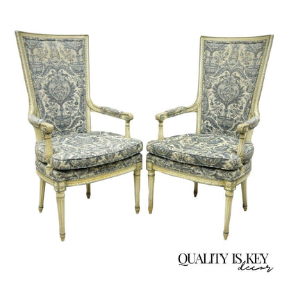 Vintage French Louis XVI Provincial Blue Cream High Back Lounge Chairs - a Pair