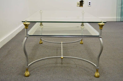 Maison Jansen Style Brass Brushed Steel & Glass Ball and Claw Foot Coffee Table