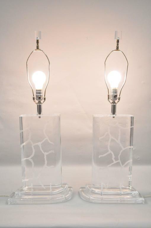 Pair of Van Teal Clear Etched Lucite Sculptural Mid Century Modern Table Lamps