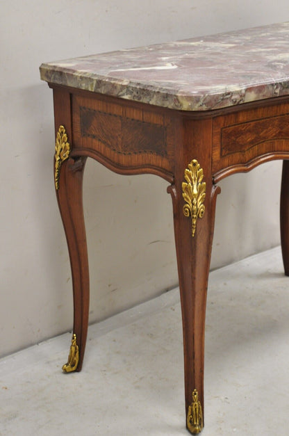 French Louis XV Style Rouge Marble Top Low Console Side Table with Drawer
