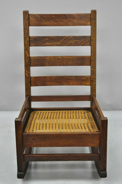 Antique Arts & Crafts Mission Oak Ladder Back Hip Rail Rocker Rocking Chair