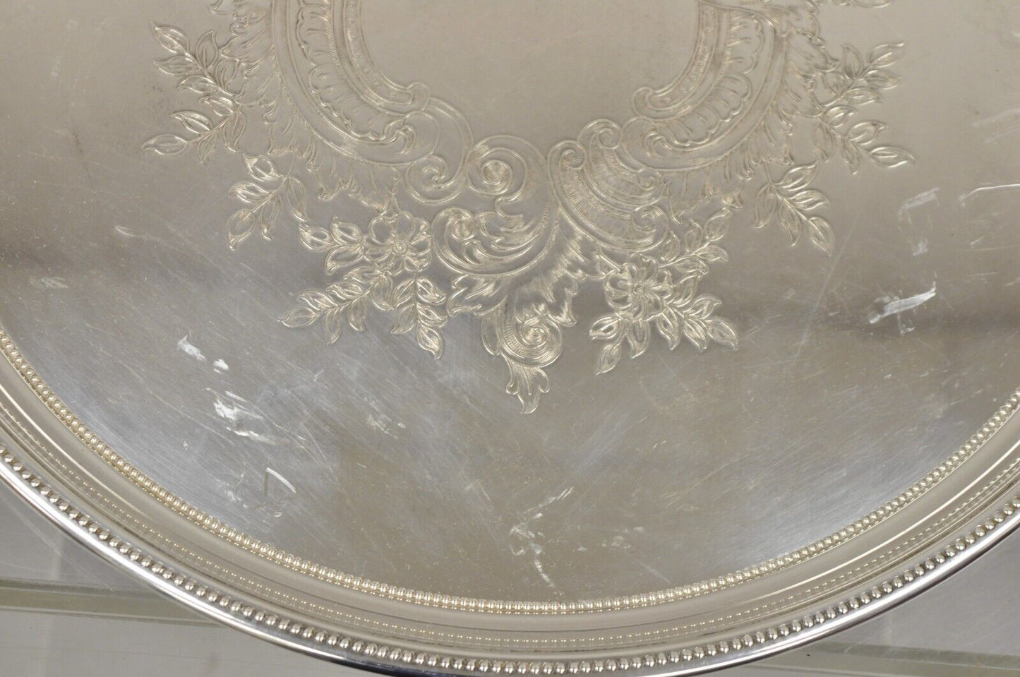 Vintage Victorian Style 17.5" Round Floral Etched Serving Platter Tray