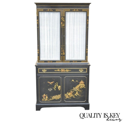 Vintage Chinoiserie Drexel Style Oriental Black Painted Glass Door China Cabinet