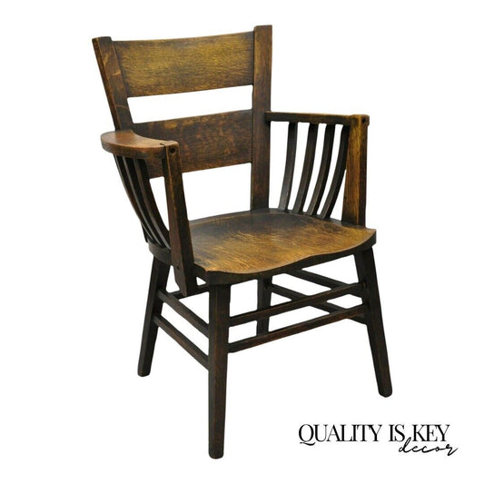 Antique Arts & Crafts Mission Oak Bowed Spindle Plank Seat Arm Chair