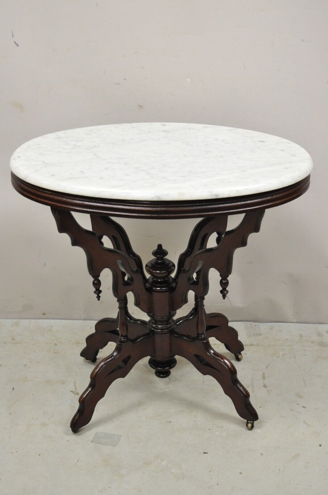 Antique Eastlake Victorian Walnut Oval Marble Top Parlor Lamp Table