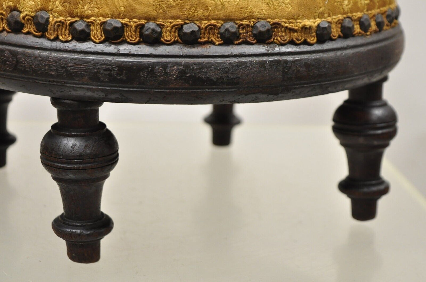 Antique Jacobean Mahogany Round Small Footstool Ottoman with Turn Carved Legs