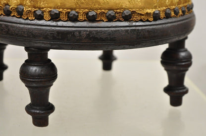 Antique Jacobean Mahogany Round Small Footstool Ottoman with Turn Carved Legs