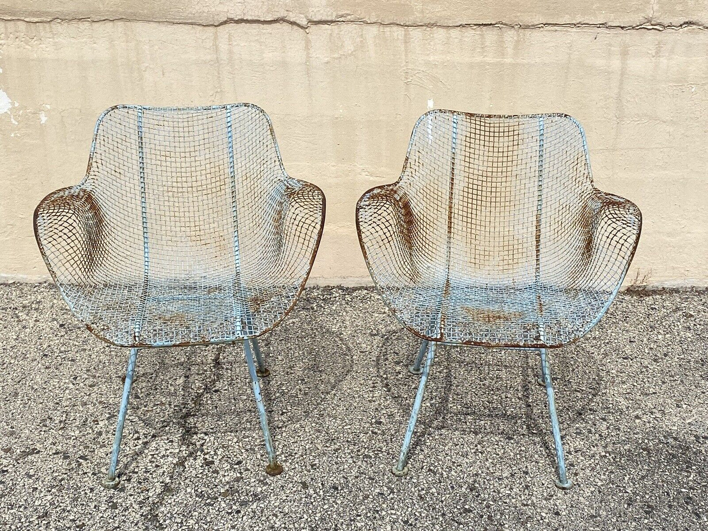 Russell Woodard Sculptura Wrought Iron Blue Distress Painted Arm Chairs - a Pair