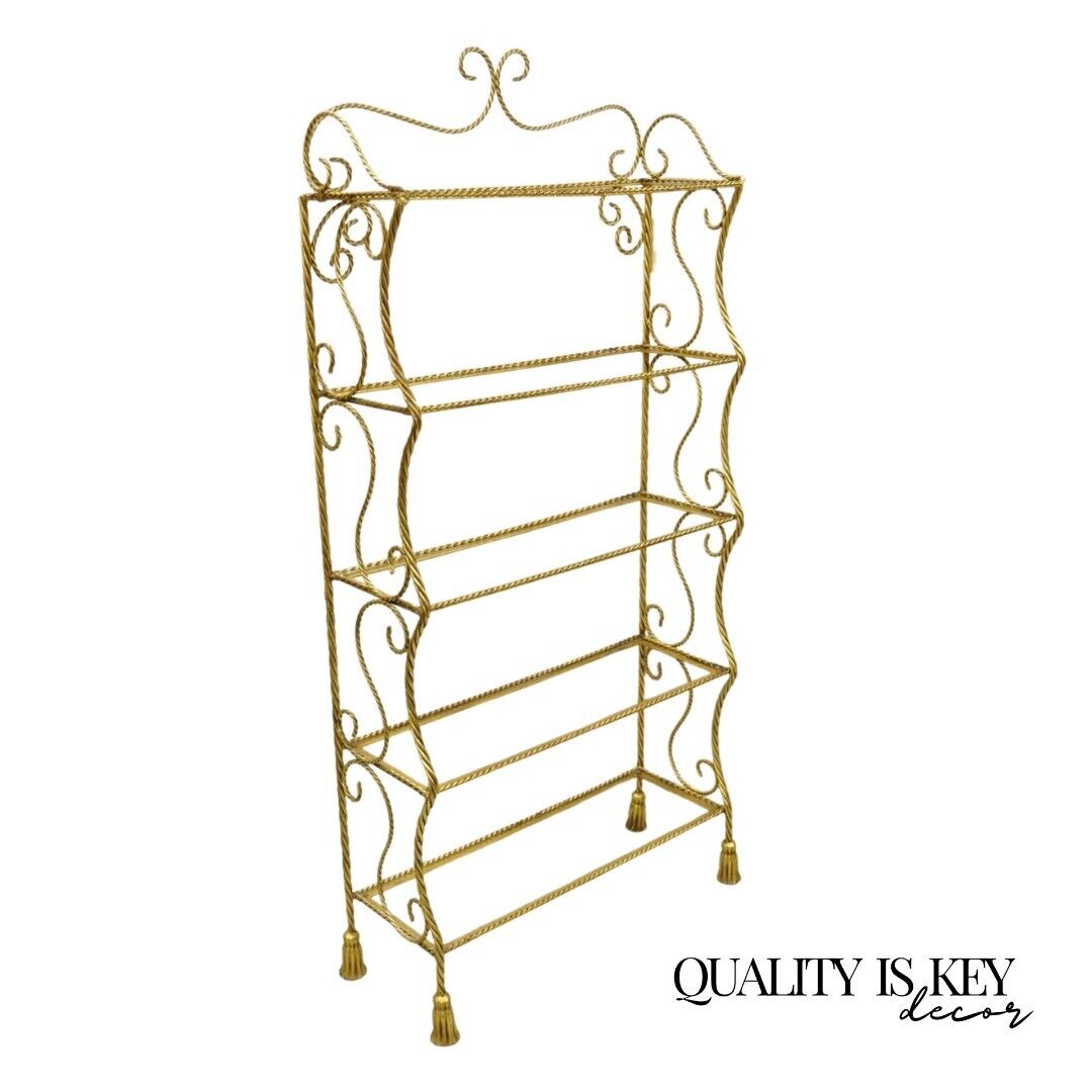 Italian Hollywood Regency Gold Gilt Iron 5 Tier Rope Tassel Etagere Shelf Stand