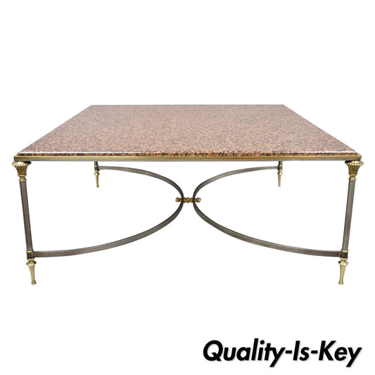 Large Square Pink Marble Top Steel & Brass Coffee Table Attr. Maison Jansen