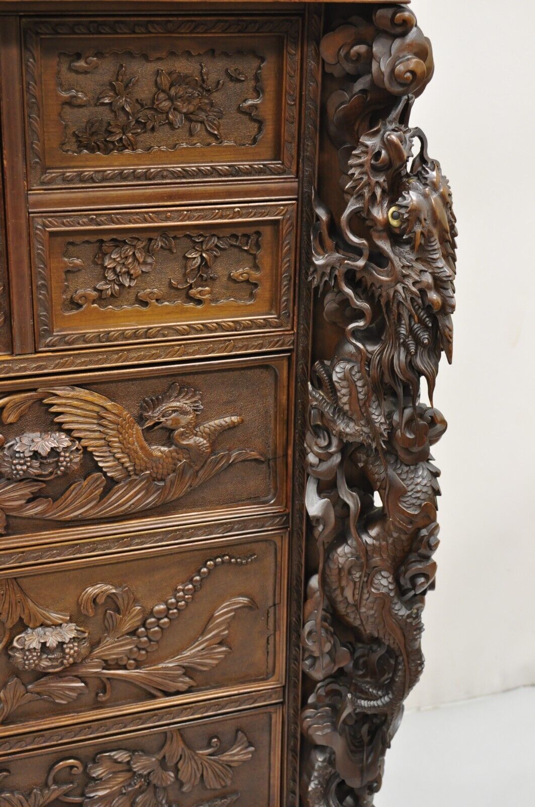 Japanese Art Nouveau Dragon Carved Dresser Cabinet, Chest of Drawers w/ Mirror