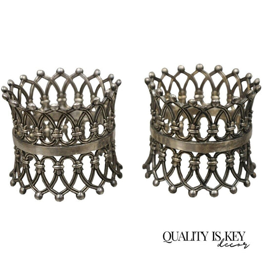 Pair Antique English Victorian Silver Plate Pierced Fretwork Crown Napkin Rings
