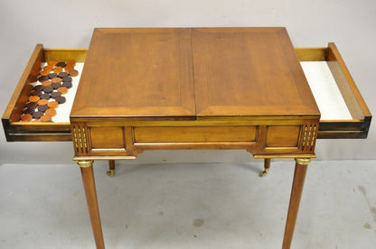 French Louis XVI Style Cherry Wood Flip Top Game Table With Brass Wheels