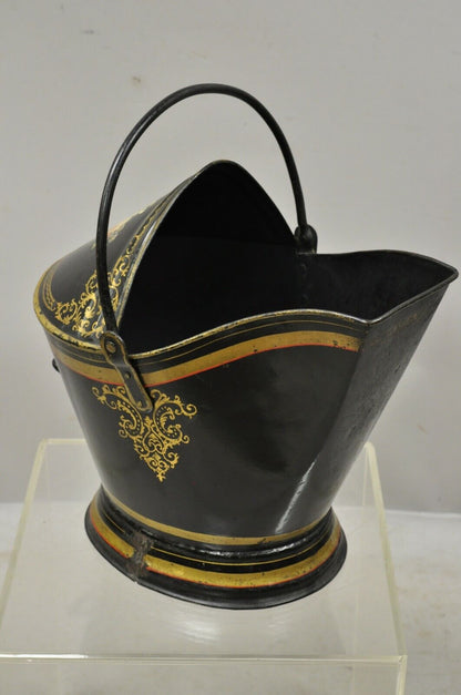 Antique Victorian Black Steel Hand Painted Flower Tole Metal Coal Scuttle Bucket