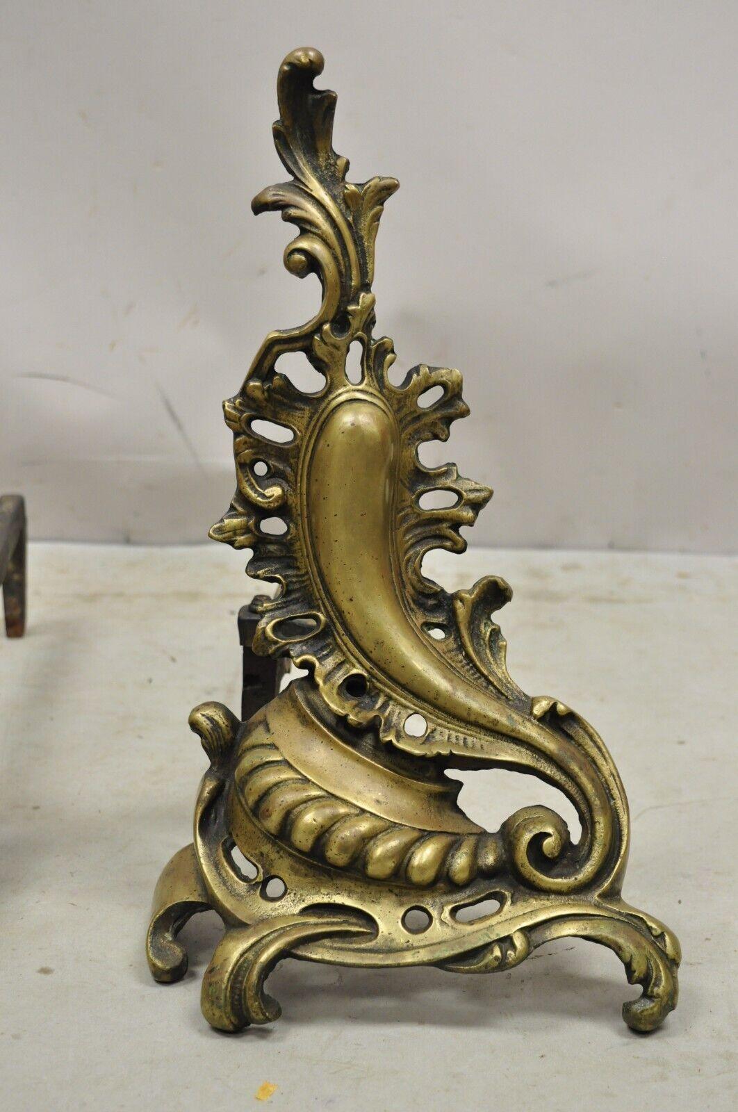 Antique French Rococo Baroque Style Brass Leafy Acanthus Andirons - a Pair