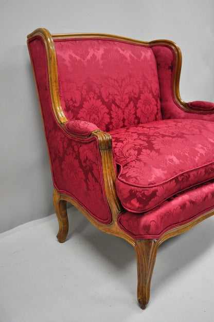 French Country Louis XV Style Carved Mahogany Burgundy Wingback Settee Sofa