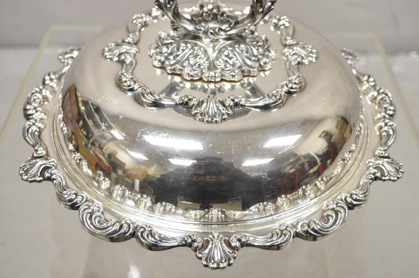 Antique English Victorian Ornate Round Silver Plated Rococo Lidded Serving Dish