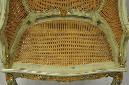 Antique French Louis XV Victorian Distressed Green Gold Gilt Cane Bergere Chair