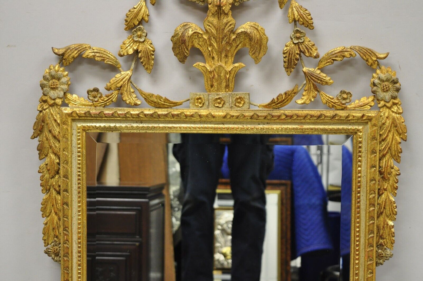 Vintage Italian Gold Giltwood Carved Wood Leafy Scrollwork Console Wall Mirror