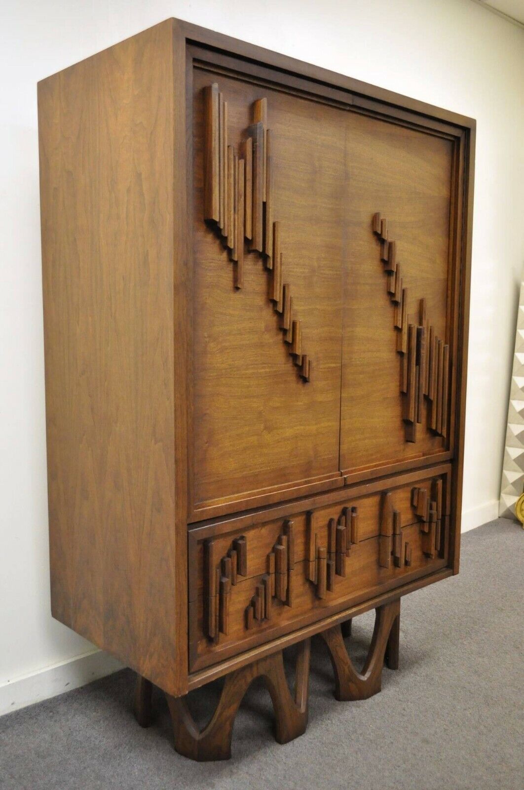 Mid Century Modern Brutalist Walnut Armoire Dresser Tall Chest after Paul Evans