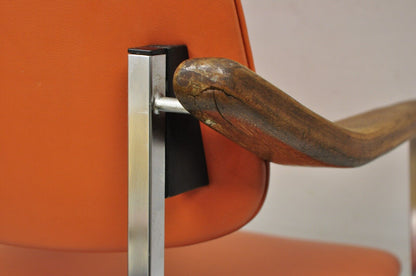 Vintage Mid Century Modern Orange Chrome Frame Sloped Wooden Arm Chair