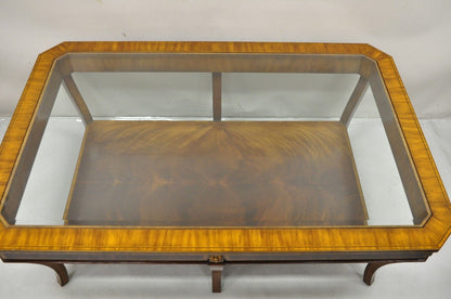 Maitland Smith Empire Style Large Banded Inlay Mahogany Glass Top Coffee Table