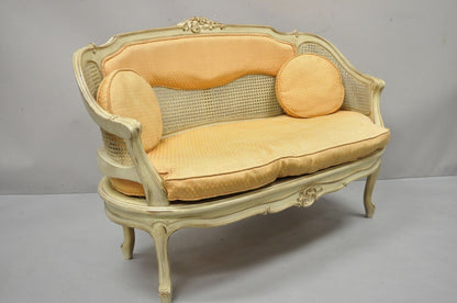 Vintage French Louis XV Victorian Style Small Cane Cream Settee Loveseat Sofa