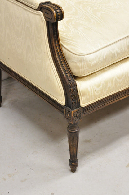 Vintage French Louis XVI Style Carved Walnut Upholstered Settee Loveseat Sofa