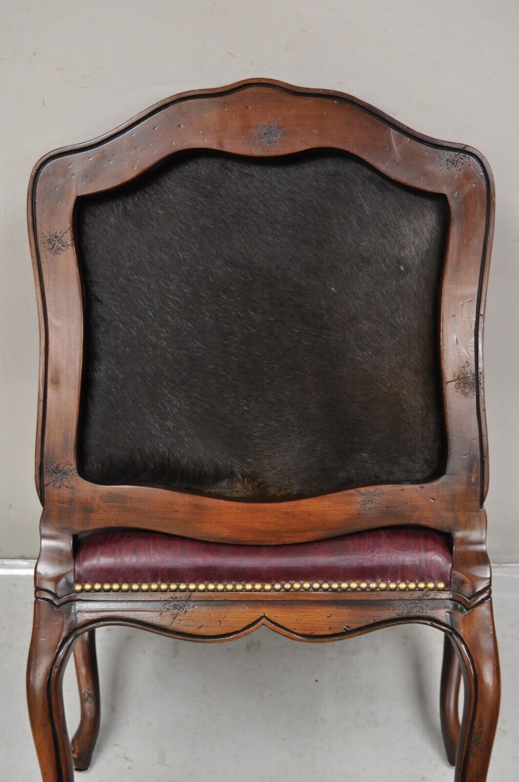 French Country Louis XV Style Burgundy Leather Faux Reptile Cowhide Armchair
